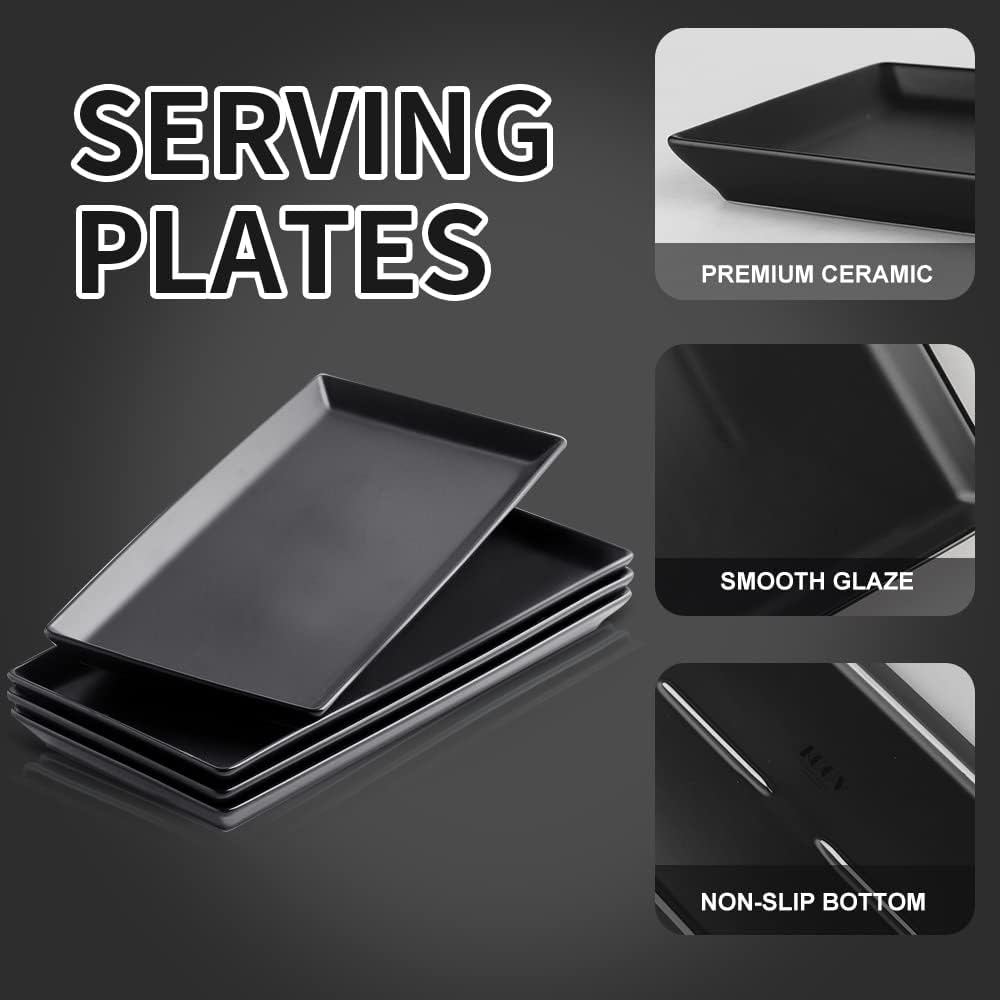KOOV Ceramic Serving Tray, 14 Inches Large Serving Platter, Rectangular Serving Tray, Porcelain Serving Plates, Ceramic Serving Dishes for Dinner, Party, Sushi, Dessert, Food, Set of 4 (Matte Black)
