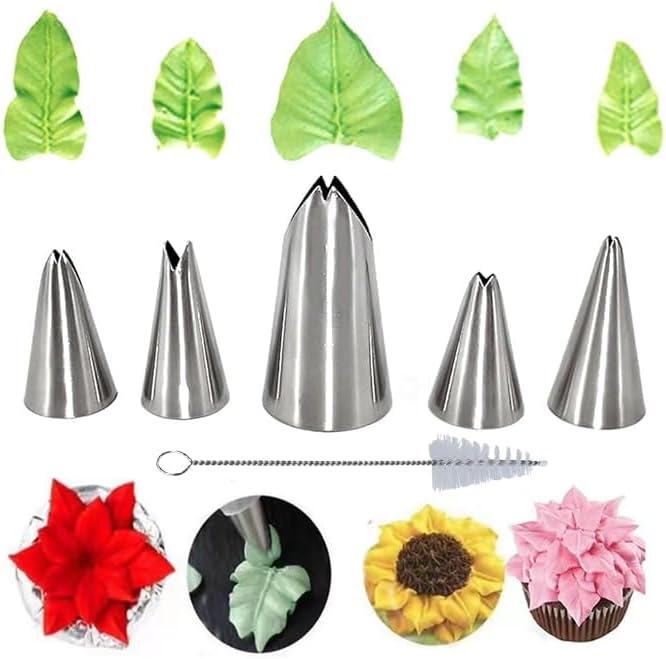 6 Pcs Leaf Piping Icing Nozzle, Cake Decorating Tube Tips Set, Leaves Stainless Steel Icing Piping Nozzles for Pastry Fondant DIy Baking Tools with Cleaning Brush (Leaf)