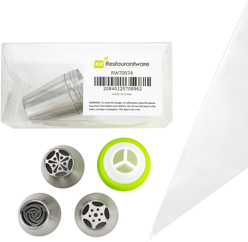 Restaurantware Pastry Tek Russian Piping Tips Set 18 Piece Durable Cake Decorating Kit - 7 Piping Tips 10 Piping Bags Stainless Steel Piping Bags And Tips Set 1 Tri-Color Coupler