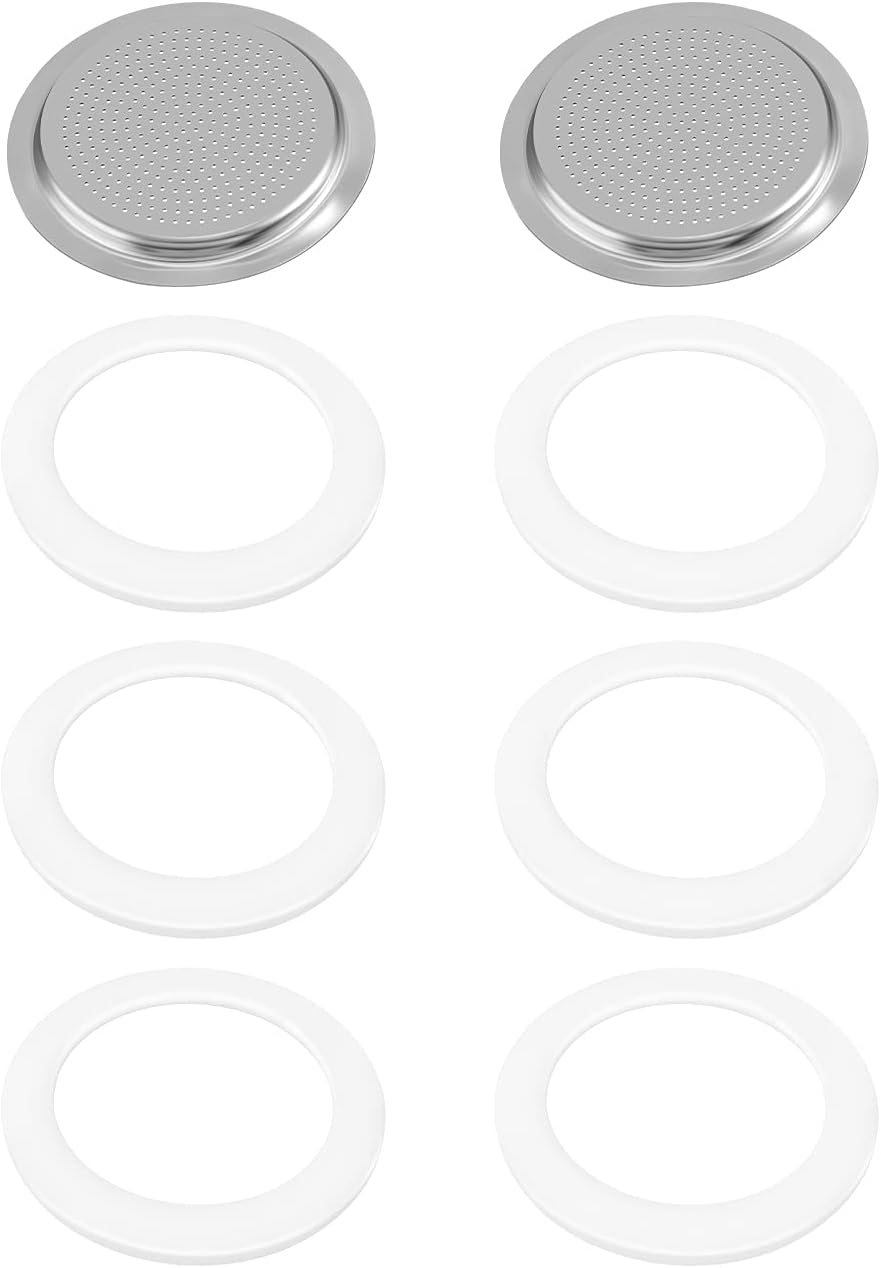 6 Pieces Moka Pot Replacement Cup Gasket with 2 Pcs Stainless Filter Silicone Moka Express Replacement Seals Funnel Kits Compatible Espresso Coffee Maker Parts(2-cup)