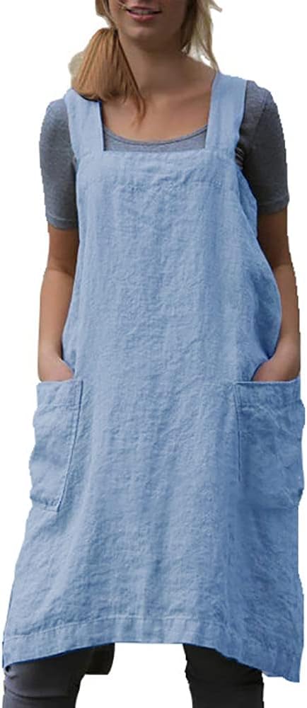 YESDOOD Cotton Linen Apron Cross Back Apron for Women with Pockets Pinafore Dress for Baking Cooking