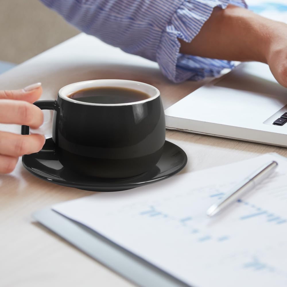 Porcelain Coffee Cup with Saucer 270ml/9oz, Minimalist Design, Perfect for Latte, Cappuccino, and Tea, Black