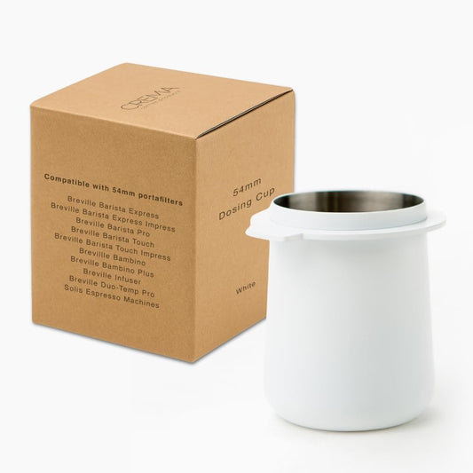Crema Coffee Products 54mm Dosing Cup | Compatible with Breville Portafilters etc | Durable 100% Stainless Steel | Built-In Grinder Tab for Easy Transfer | Sleek, Mess-Free Design | White Finish