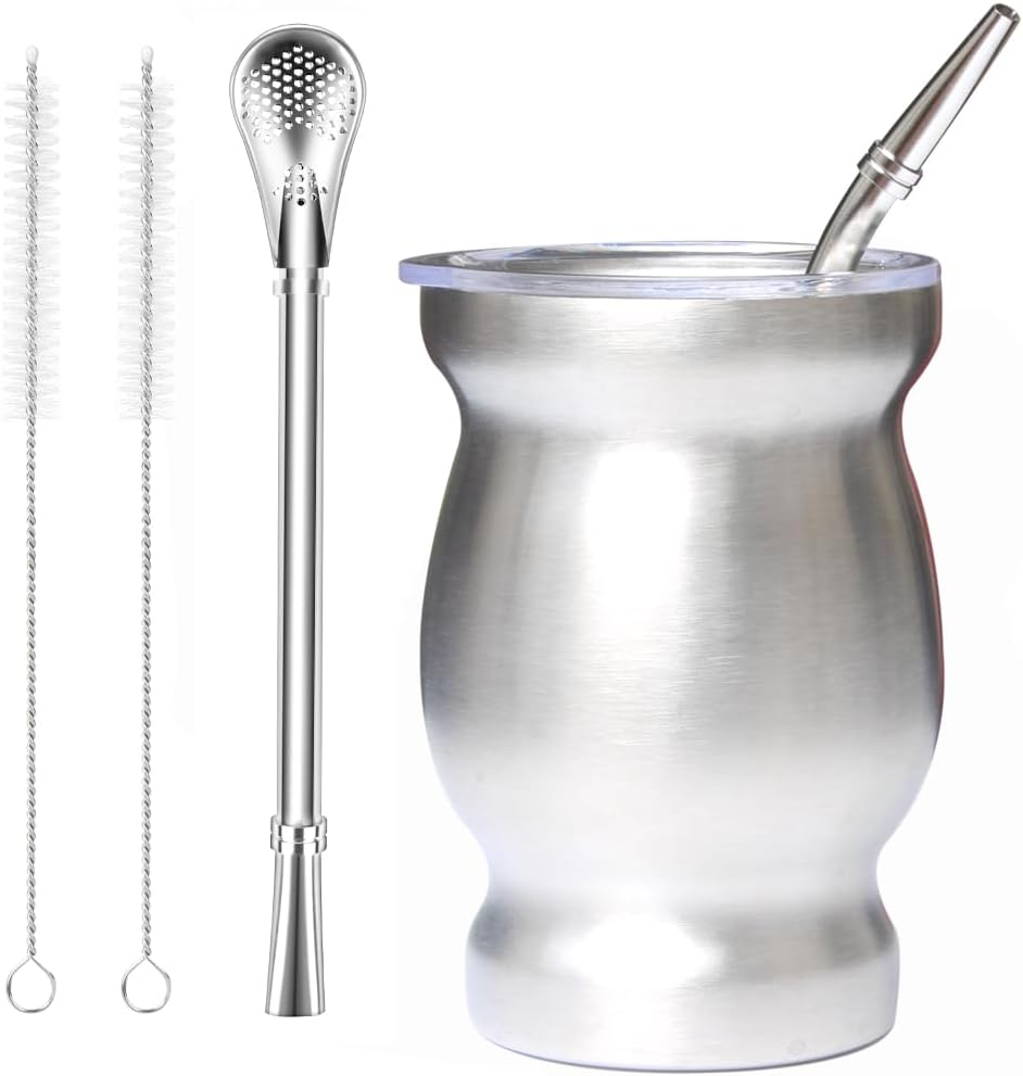 Beruth Bombilla Yerba Mate Gourd, 8oz Stainless Steel Tea Cup Set with Lid, Two Straws and Cleaning Brushes, Double Walled Coffee Mug Heat Insulation Anti Scalding （Bright Silver）