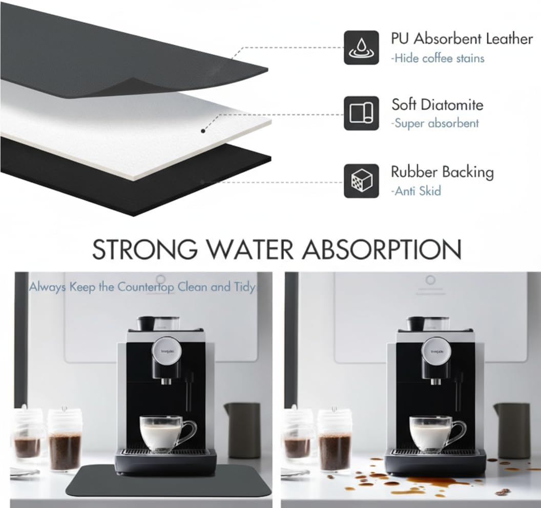 Dish Drying Mat Super Absorbent – 16" x 18" Coffee Mat for Countertops – Non-Slip Drying Mat for Kitchen Counter – Easy to Clean Water Absorbent Mat – Quick Dry Dish Mats (Dark Gray)