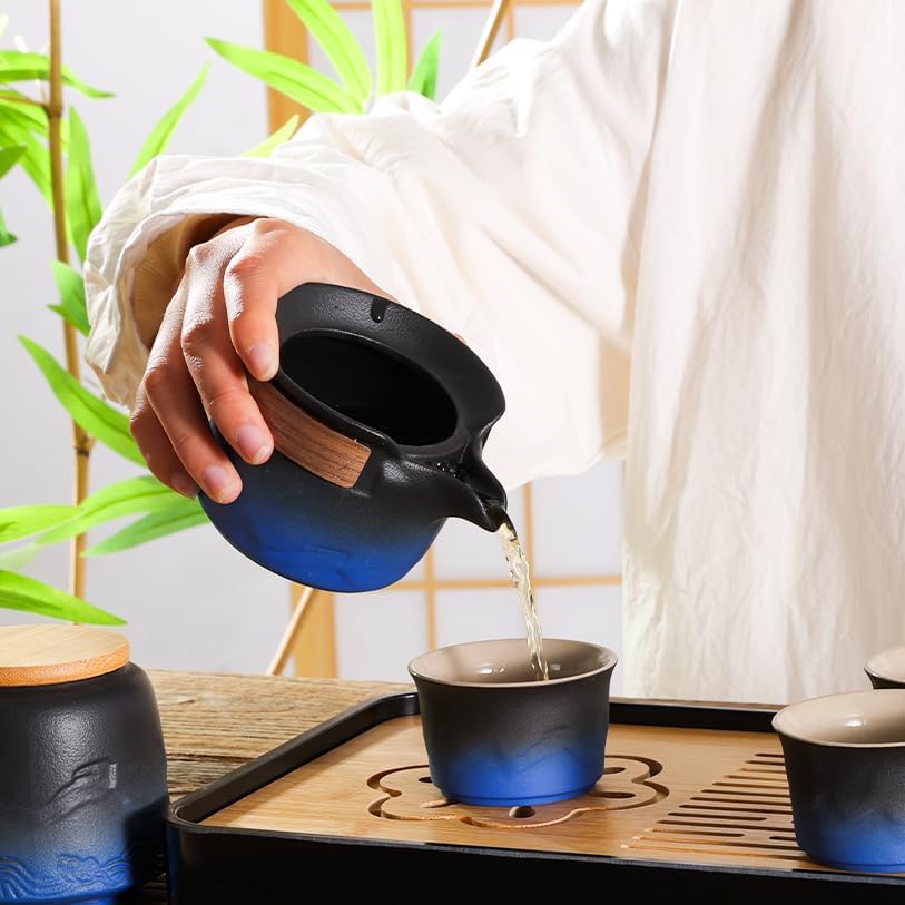 LURRIER Gongfu tea sets, Portable Ceramic TeaSet, Asian Tea sets for adult, Tea Gift sets, Grey leather case, Portable Travel Bag,Home,Gifting,Outdoor and Office(XBlack and Blue)