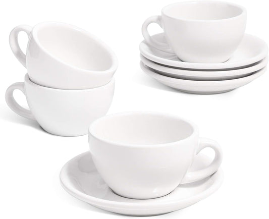 LE TAUCI 6 oz Cappuccino Cups with Saucers, Ceramic Coffee Cup for Au Lait, Double shot, Latte, Cafe Mocha, Tea - Set of 4, White