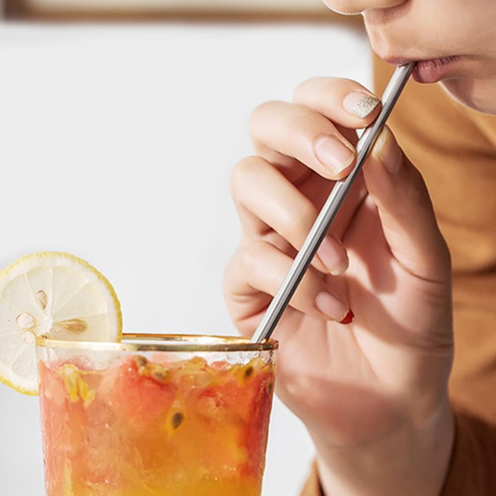 Reusable Stainless Steel Long Handle Straws Spoon, 6 Pieces 8.6", with 1 Cleaning Brushes (flower)