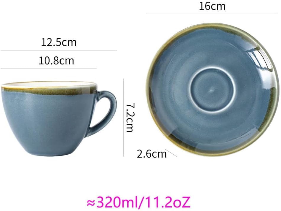SHUER Ceramic Cappuccino Cup Set of 4, 11.2 OZ Cups and Saucers Set,Coffee Mocha Cup Sets,Black Coffee Cups and Glaze Americano Mug Great for Party and Low Tea Time (Blue 320ml)