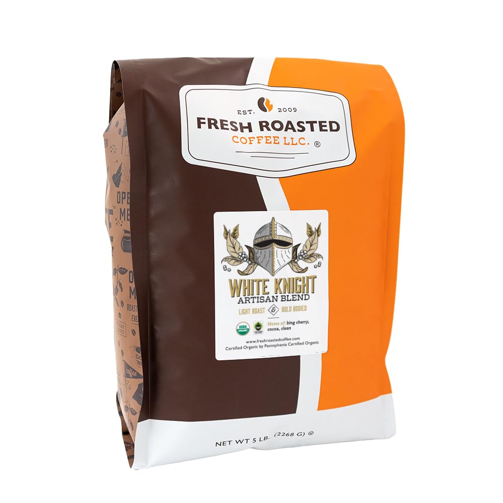Fresh Roasted Coffee, Organic White Knight | USDA Organic, Kosher | Light Roast 5 lb (80 oz), Whole Bean