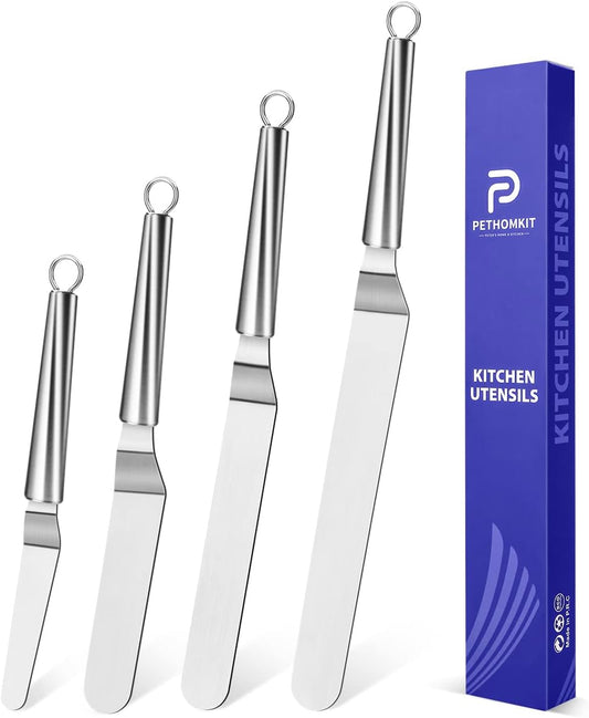 Offset Icing Spatula, Cake Angled Spatula Set with 4, 6, 8 & 10 Inch Blades, Stainless Steel Handle Suitable for Home, Kitchen or Bakery