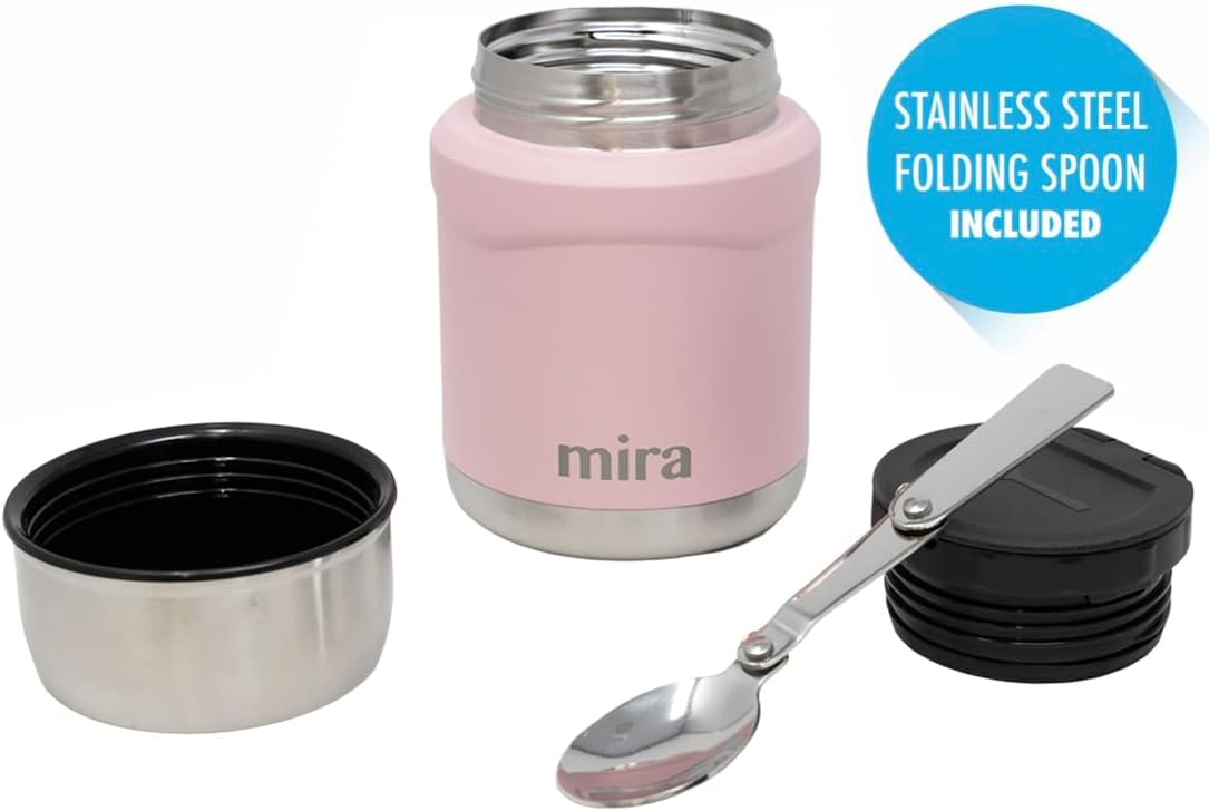 MIRA 15 oz Insulated Food Thermos for hot and cold foods - Leak-Proof Stainless Steel Container with Spoon - Rose Pink