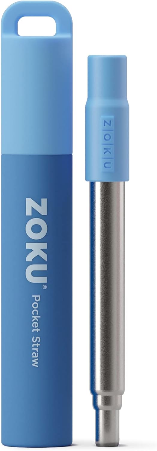 ZOKU Reusable Metal Straw with Case for Travel, Blue - Collapsible Stainless Steel Drinking Straw with Silicone Tip and Cleaner Brush, Ideal for Key Chains, Pockets, Purses