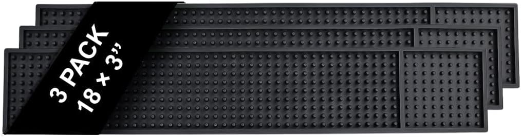 Bar Mats for Countertop by ProTensils - 18" x 3" Bar Rail Mat, Black Rubber Bar Mats for Bartending, Bar Service Drip Mat, Home Bar, Coffee Bar Mat Spill Matt (3 Pack)