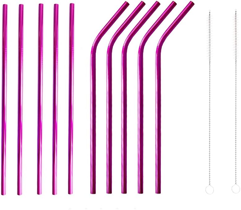 10 Pcs Stainless Steel Straws, Reusable Drinking Straws, 5 Straight + 5 Bent Metal Straws Set With 2 Pcs Cleaning Brushes (Rose Red, 8.5 Inch)