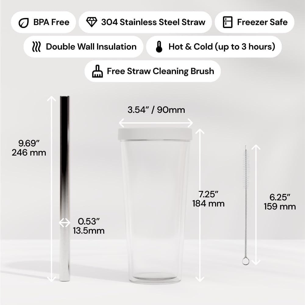 Reusable Boba Cup with Resealable Lid Plug - 17 Oz Double Wall Insulated | Smoothie Tumbler | Wide Stainless Steel Straw For Bubble Tea, Boba Pearls - White