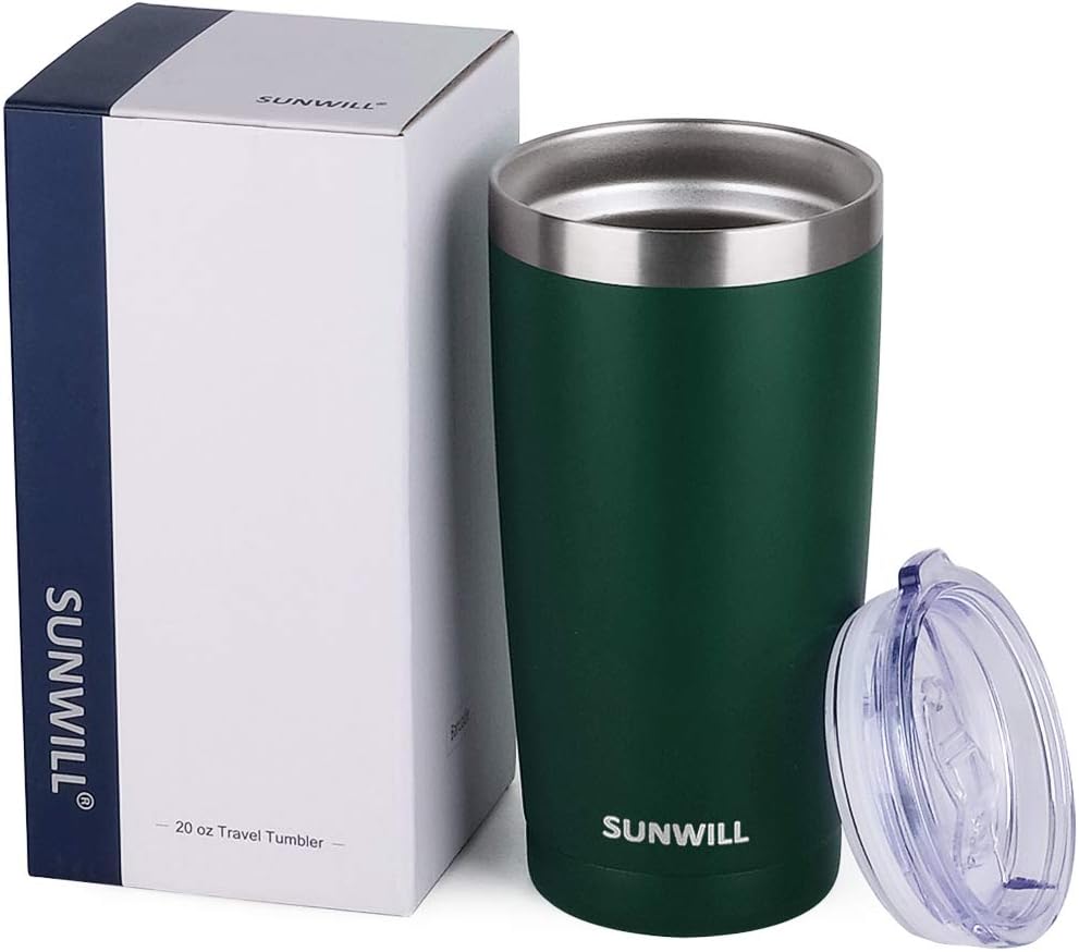 SUNWILL Travel Coffee Tumbler 20 oz, Insulated Mug with Lid, Stainless Steel Cup for Outdoor, Powder Coated Dark Green