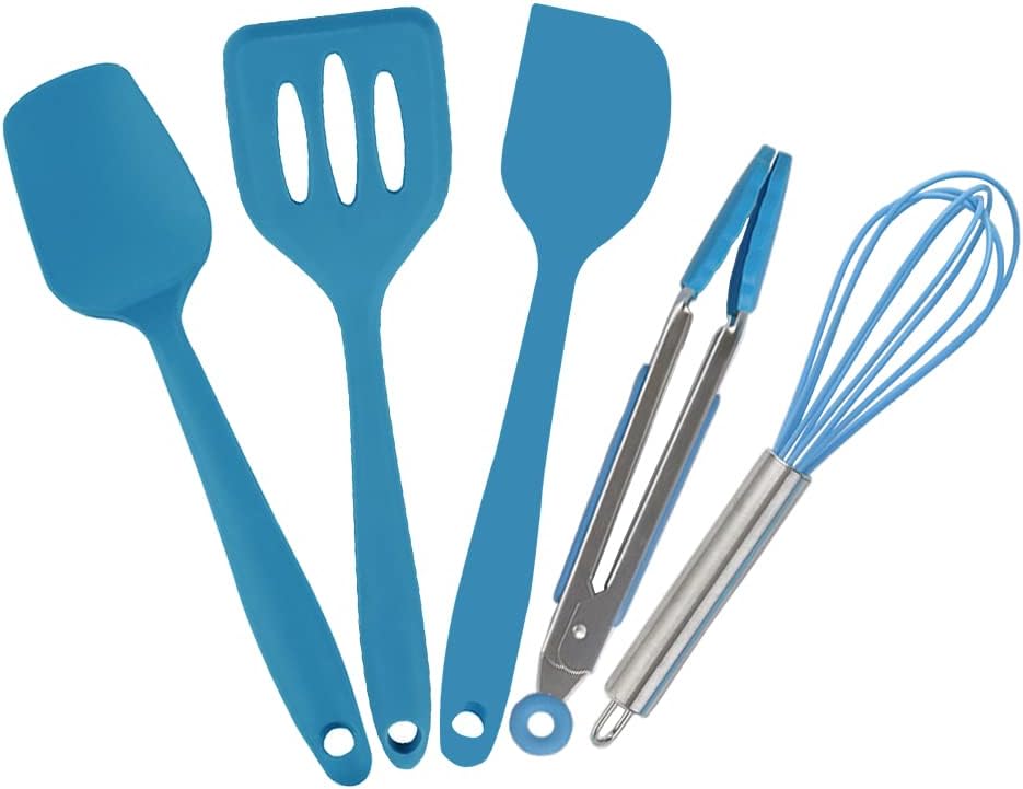 Mini Kitchen Utensil Set - Five-Piece Set, Tiny Silicone Kids Kitchen Tools - Whisk, Tongs, Spoon, Slotted Spatula - Blue