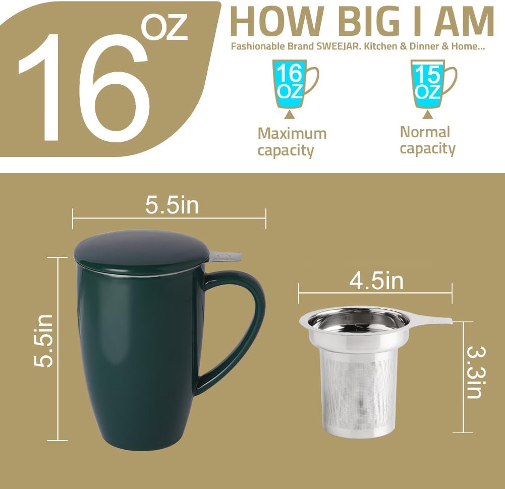 Sweejar Porcelain Tea Infuser Mug with Lid, 16 oz Teacup with Strainers for Loose Leaf Tea, Microwave and Dishwasher Safe Coffee Mug(Turquoise)