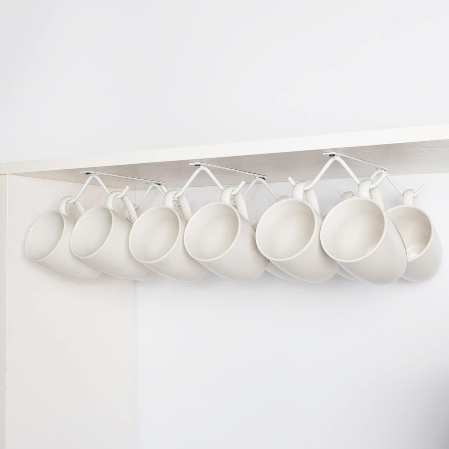 Cabinet Hook Mug Holder - Hanging Coffee Cup Rack for Kitchen, Under Cabinets Metal Hangers Organizer Shelf Storage Utensil (White)