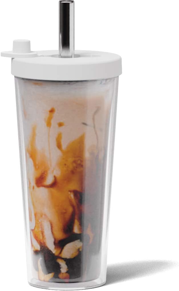 Reusable Boba Cup with Resealable Lid Plug - 17 Oz Double Wall Insulated | Smoothie Tumbler | Wide Stainless Steel Straw For Bubble Tea, Boba Pearls - White