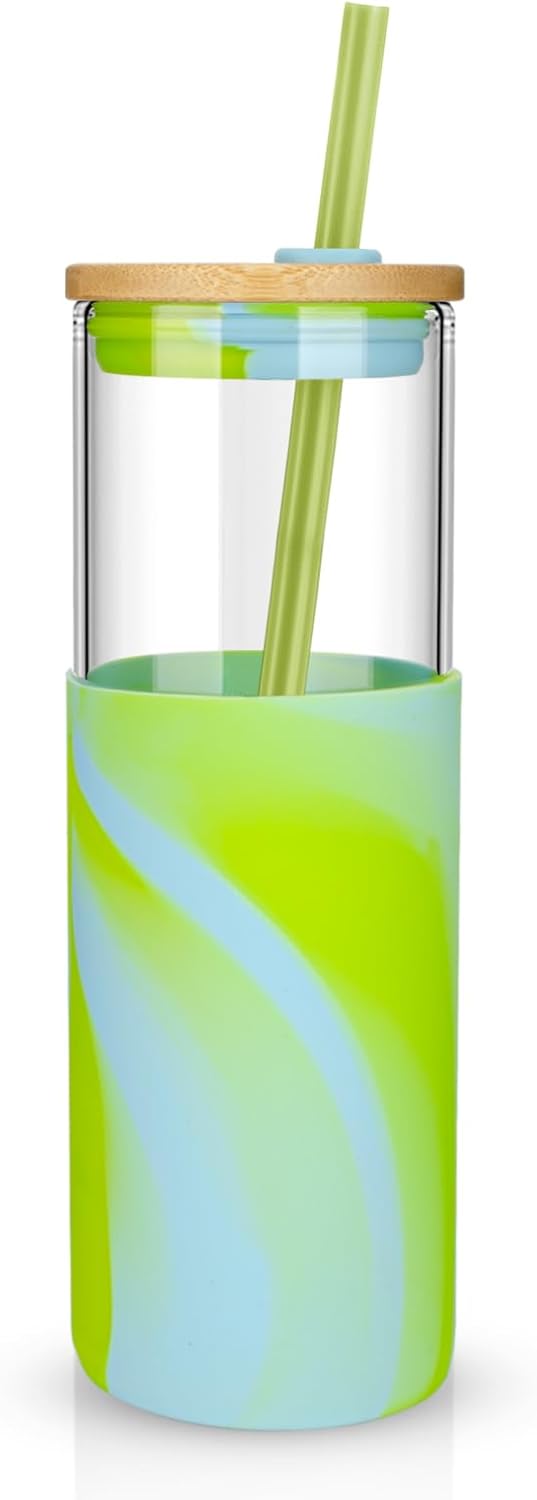 Tronco 24 oz Glass Tumbler with Straw and Lid - Glass Cup with Lid and Straw, Smoothie Cup, Iced Coffee Cup - Bamboo Lid and Protective Silicone Sleeve - BPA-Free