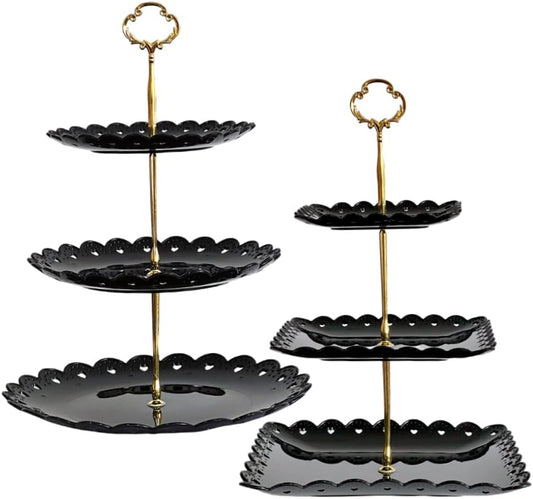 RAUVOLFIA 2 Pack of Plastic Round & Square Dessert Cupcake Stand, 3 Tier Cup Cake Holder Tower for Tea Party/Birthday/Wedding, Plastic Tiered Serving Tray (Black)
