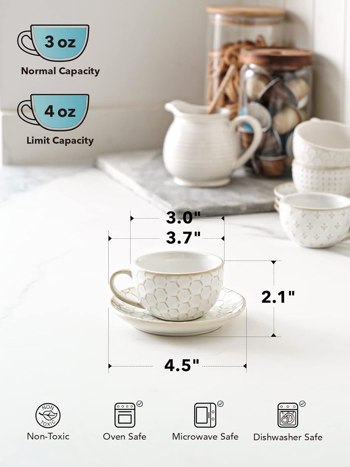 LE TAUCI Espresso Cups with Saucers 3 oz, Ceramic Embossment Coffee Cup for Double shot, Lungo, Ristretto,Dishwasher Safe - Set of 4, Arctic white