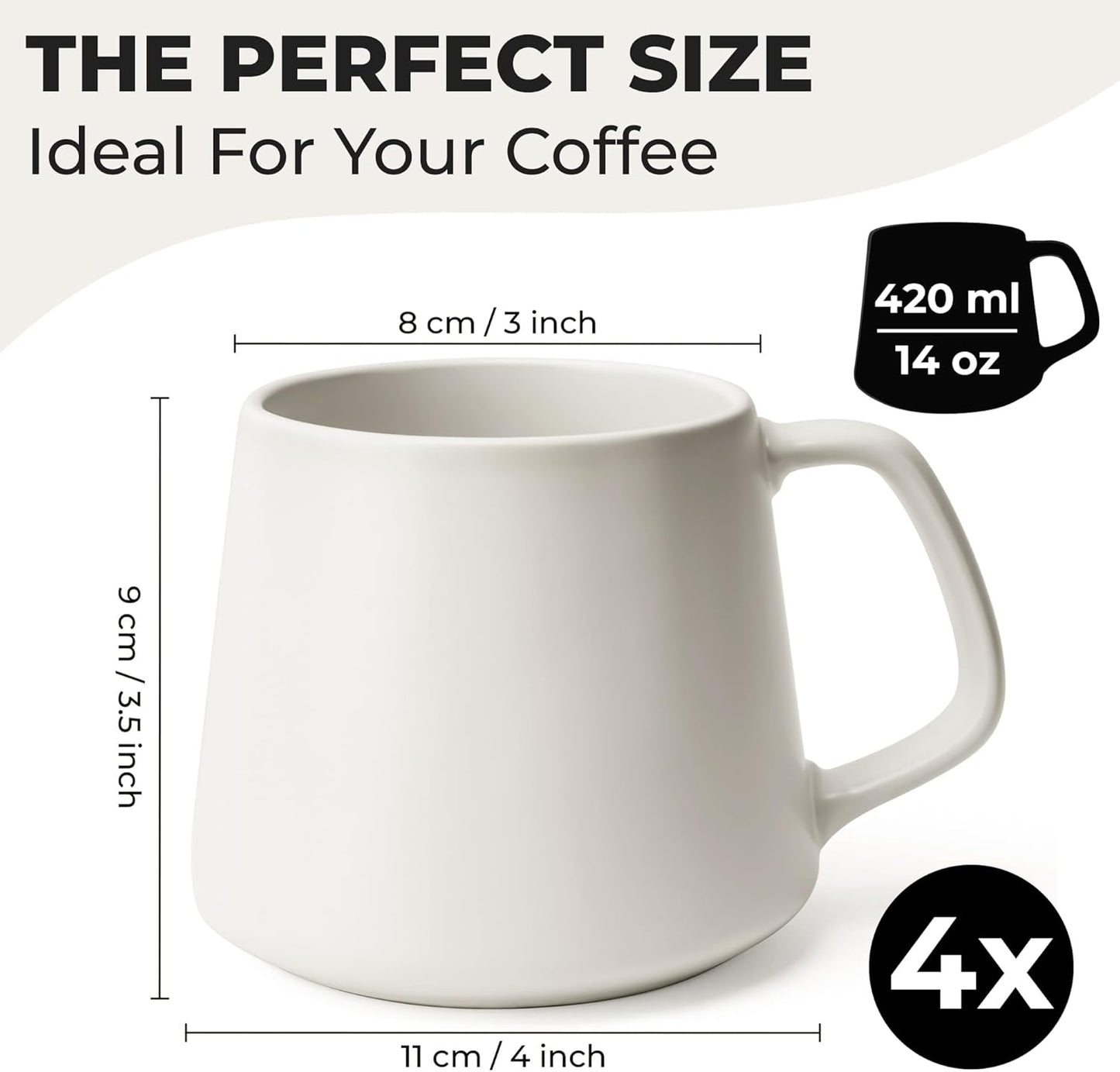 MIAMIO - Coffee Mugs Set of 4 / Large Ceramic Coffee Cups (14 oz) - Mug for Cappuccino, Tea, Espresso - Microwave and Dishwasher Safe - Luxe Collection (White Series)