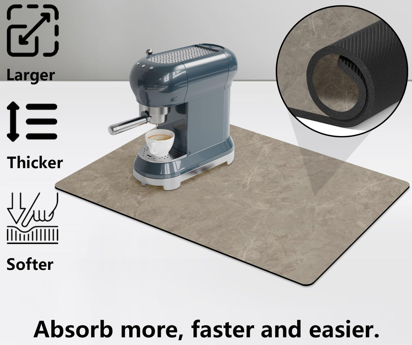 Coffee Maker Mat Accessories for Countertop - Coffee Bar Decoration Rubber Backed Dish Drying Mat for Kitchen - Pu Absorbent Hide Stain Pad, Wipeable Espresso Machine Mat for Dish Rack 25x17in