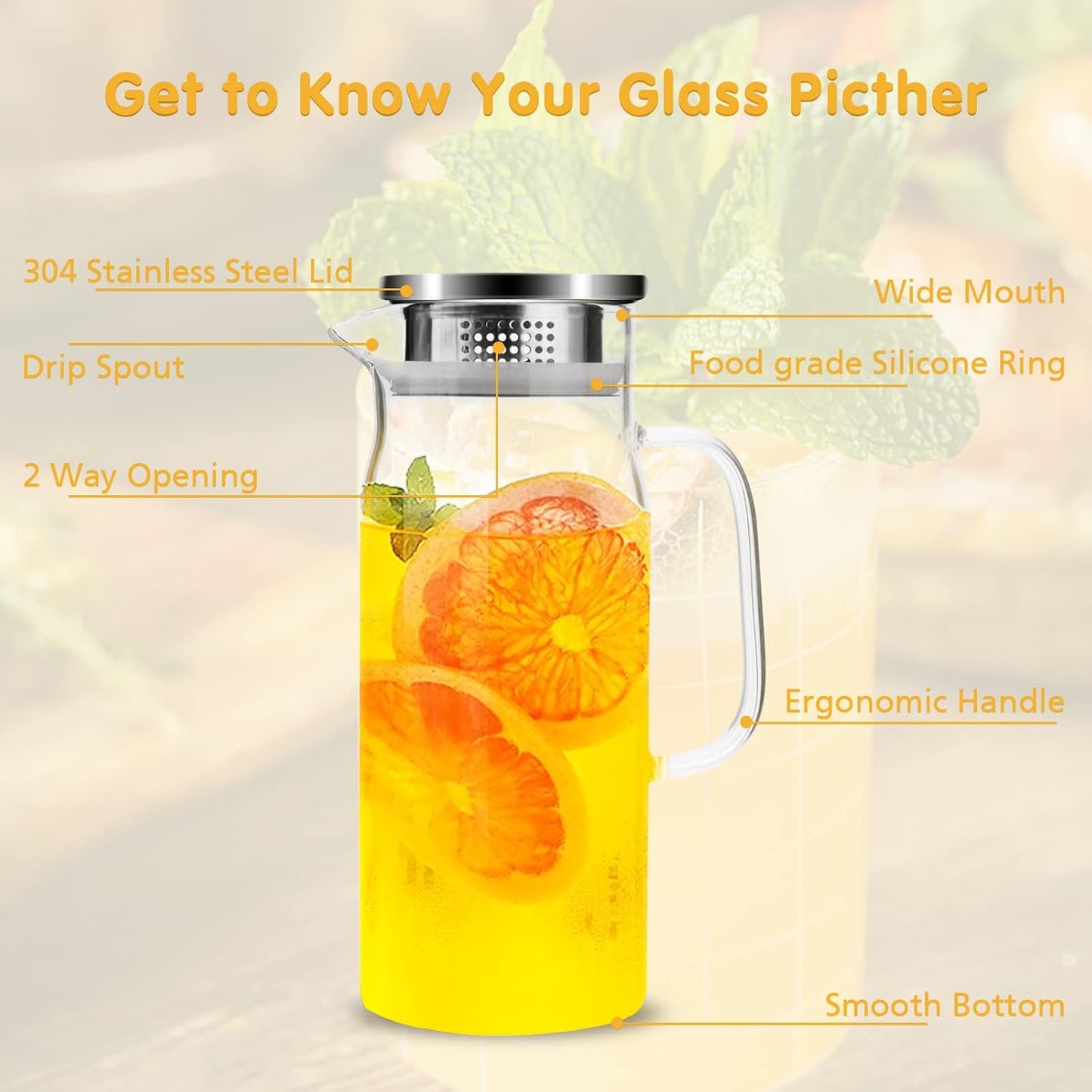 Glass Pitcher, 34 oz / 1 Liter Glass Pitcher with Lid, Glass Water Pitcher, Glass Carafe with Lid
