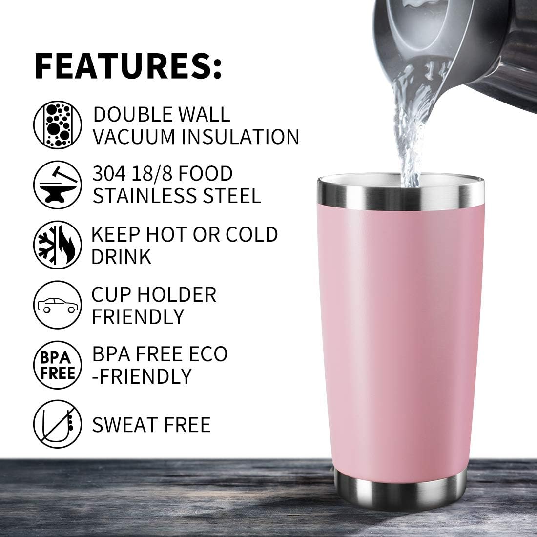 20oz Tumbler Bulk Stainless Steel Vacuum Insulated Tumblers with Lid Double Wall Travel Mug Durable Powder Coated Coffee Cup, Suitable for Ice Drinks and Hot Beverage (Pink 1pack)