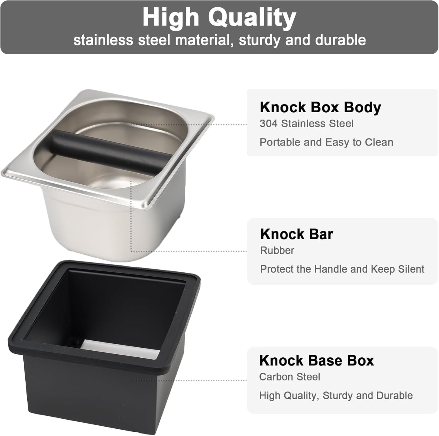 Espresso Knock Box, Coffee Knock Box for Espresso Grounds Disposal, Large Capacity, Equipped with Noise, Reduction Rubber Ring & Steel Holder, Ideal Tool for Espresso Machines, Black (Small)