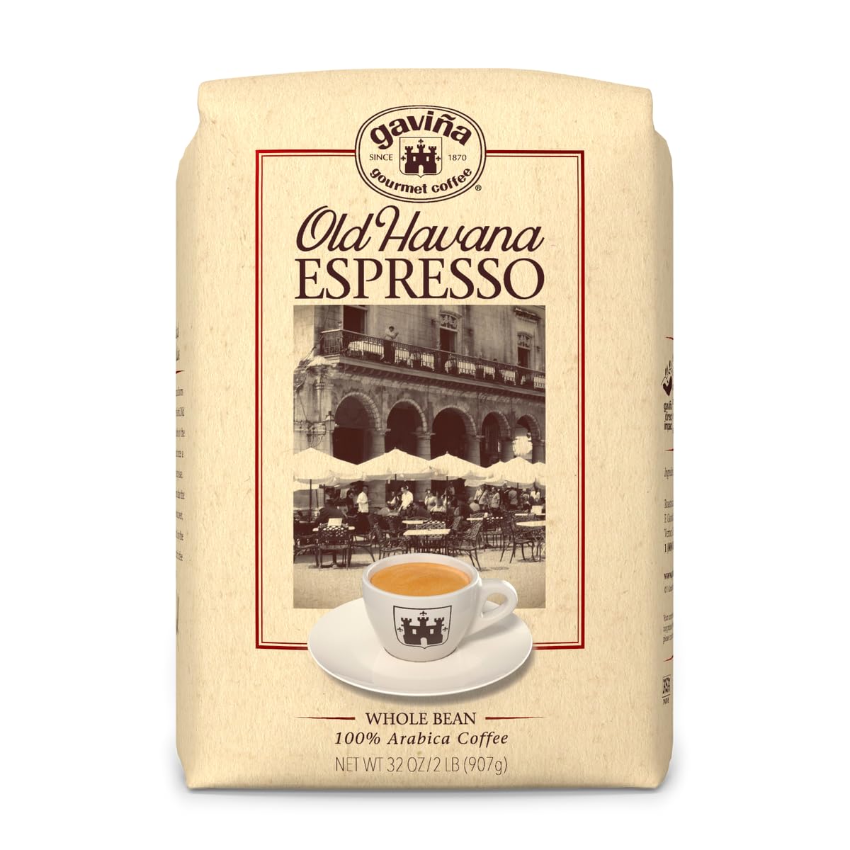 Gaviña Old Havana Espresso Whole Bean Coffee – Medium-Dark Roast, 100% Arabica, Nutty and Sweet Flavor, Great for Espresso Machines and Moka Pots, 32 oz Bag