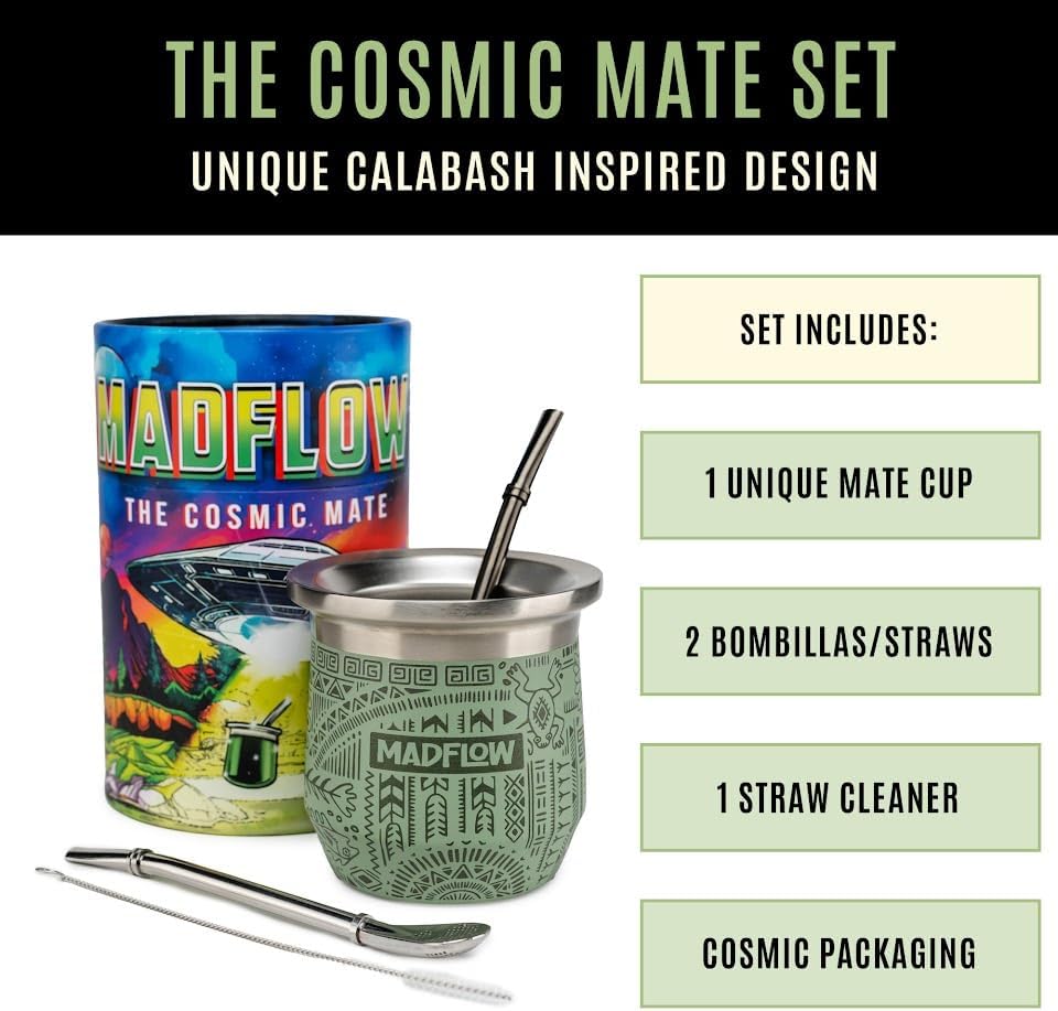 MADFLOW Yerba Mate Cup. Stainless Steel Mate Cup with 2 Bombillas. Double Wall Vacuum Insulated Yerba Mate Gourd. Unique Mate Cup And Bombilla Set