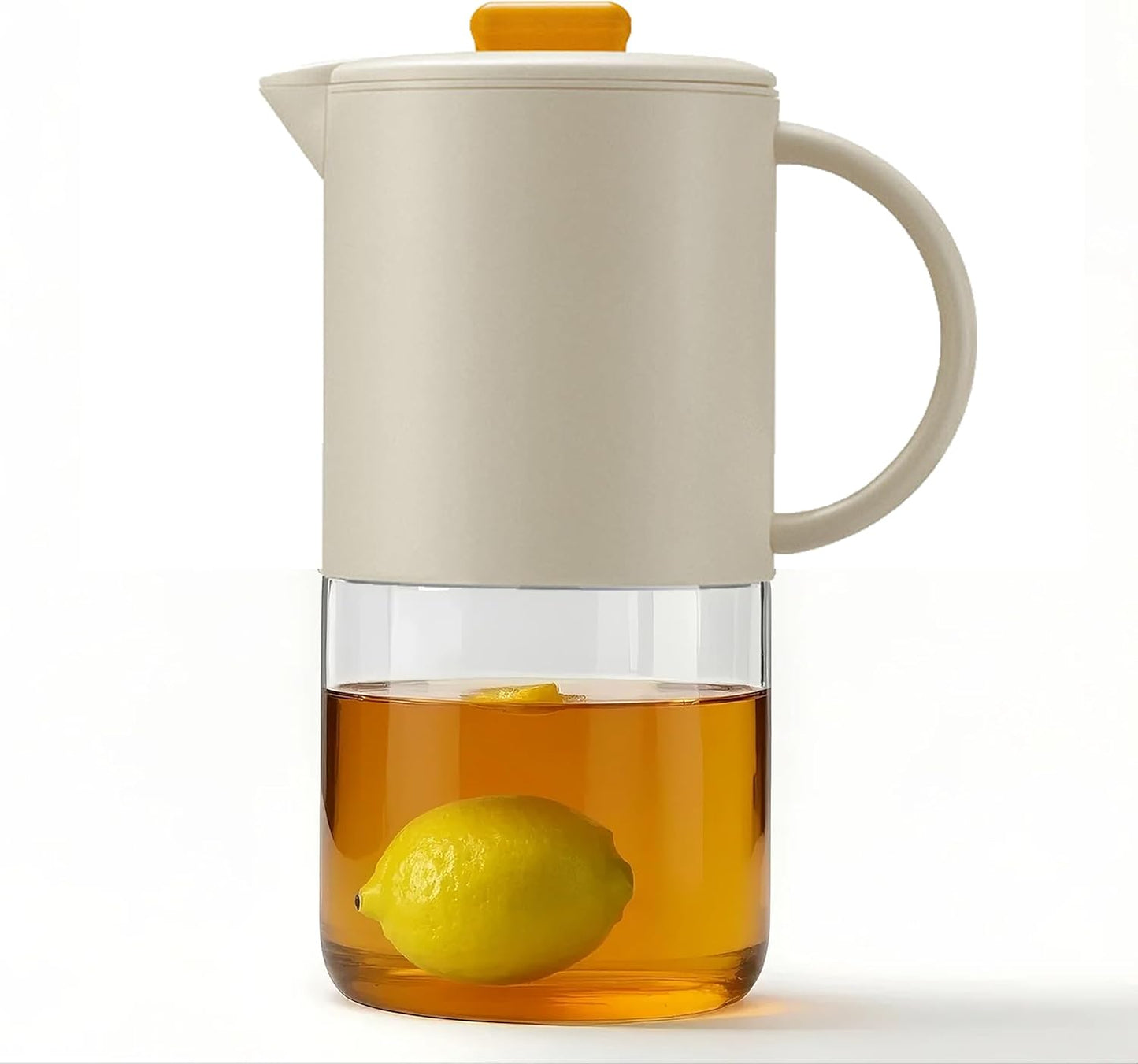 Delove Borosilicate Glass Pitcher with Lid & Auto Spout – Shatterproof Plastic Shell, Wide Mouth Design – 62 oz (1.9 Quart) Jug for Cold/Boiling Water, Iced Tea, Juice (1, Beige)