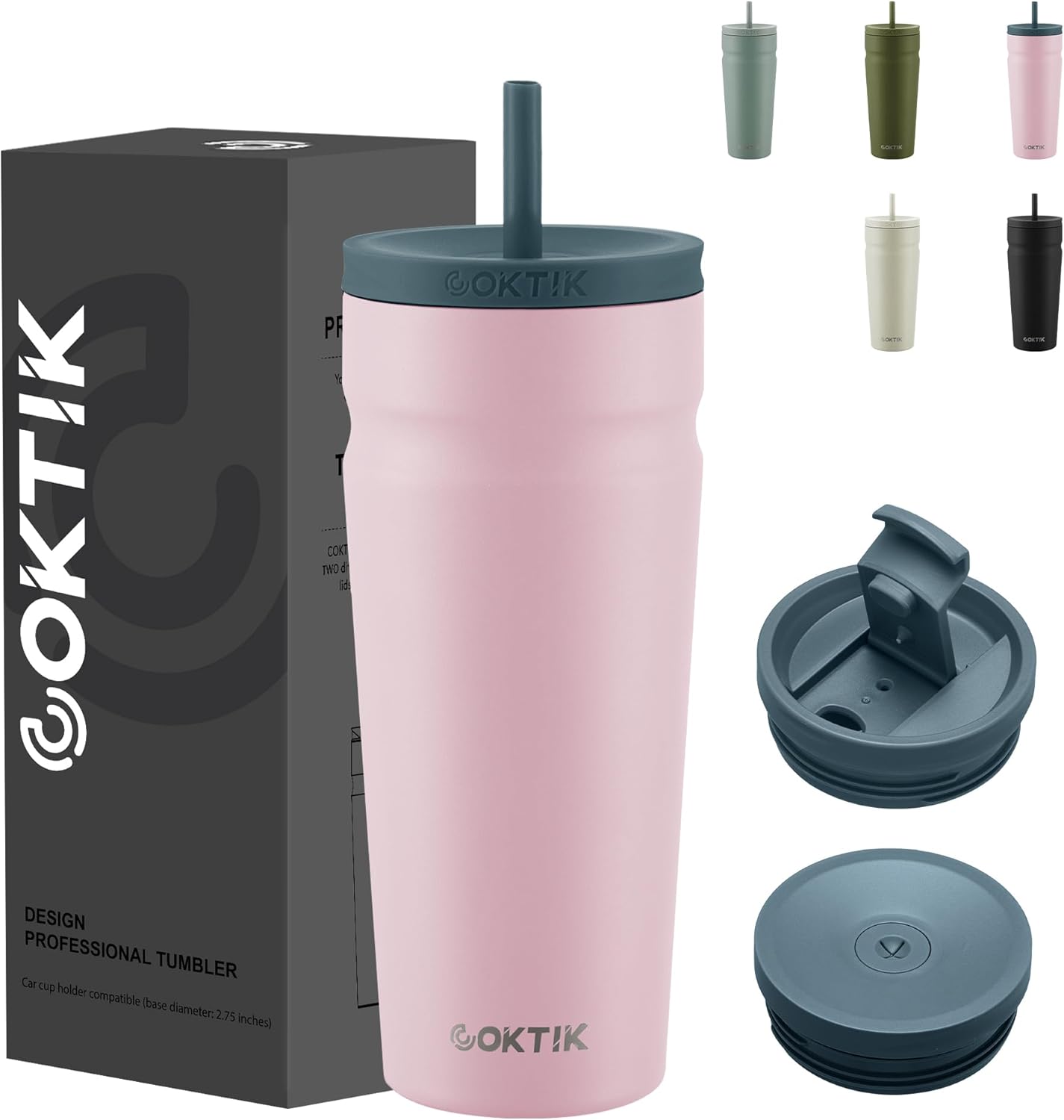 COKTIK 24oz Insulated Tumbler with Lid and Straw 2 Lids (Straw/Flip) Iced Coffee Cup Reusable Stainless Steel Travel Mug Water Bottle Cupholder Friendly for Women Men Her Him (Blush)