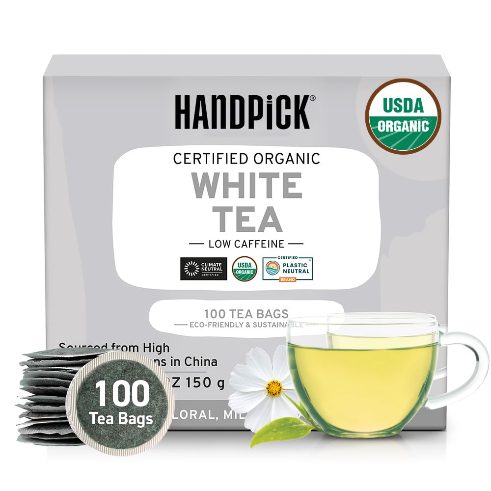 HANDPICK, Organic White Tea - 100 Tea Bags | USDA Organic, 100% Pure White Tea | Mild & Smooth | Packed in Eco-friendly Tea Bags