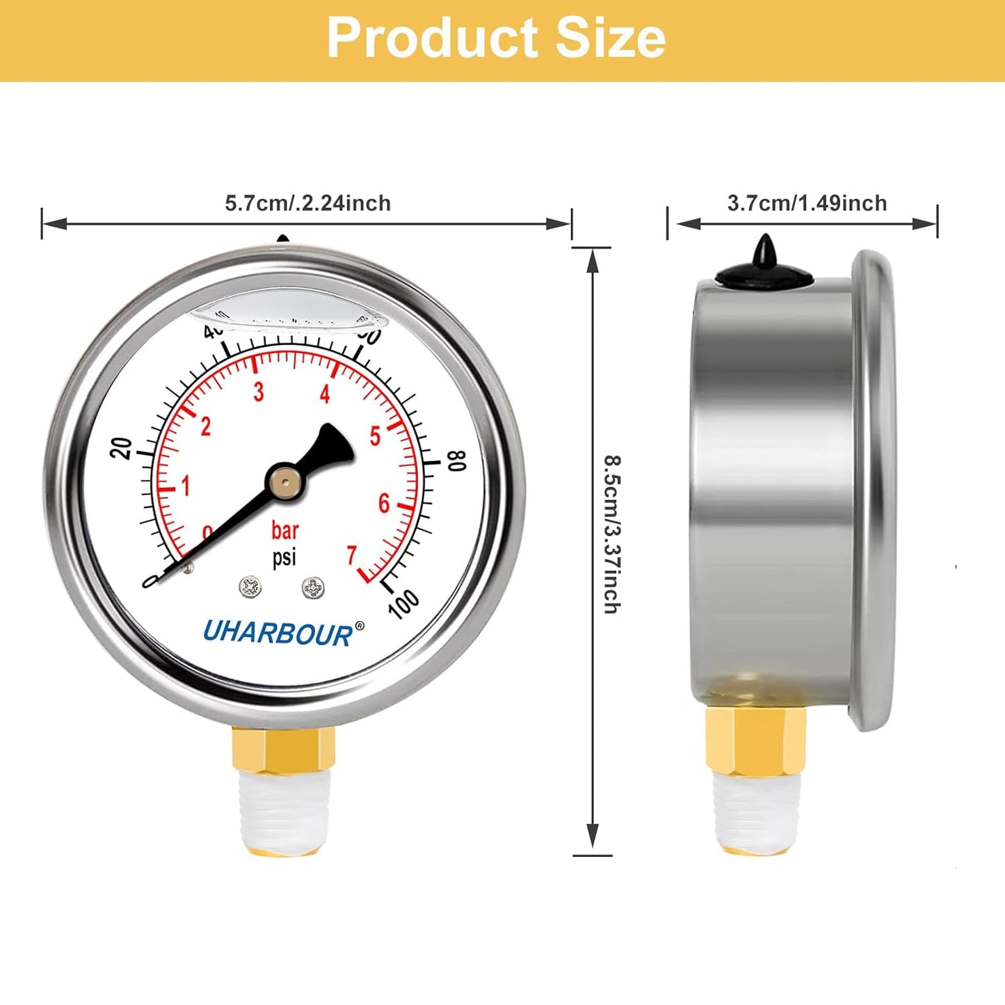 Glycerin Filled Pressure Gauge 1/4 NPT 100psi/7bar, Stainless Steel Case, Brass Inside Construction, 2-1/2" dial, 1/4" NPT Lower Connection with Pre-Wrapped Teflon Tape