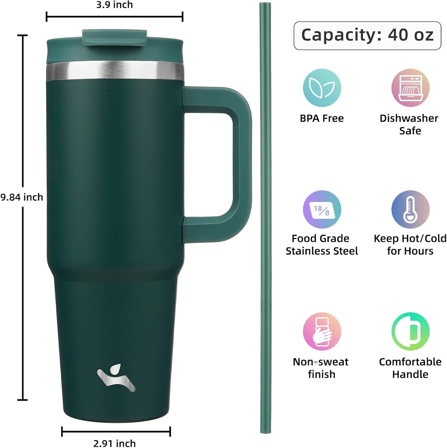 40 oz Tumbler with Handle and 2 Straws,2 in 1 Lid Insulated Water Bottle Stainless Steel Travel Coffee Mug,Dark Green