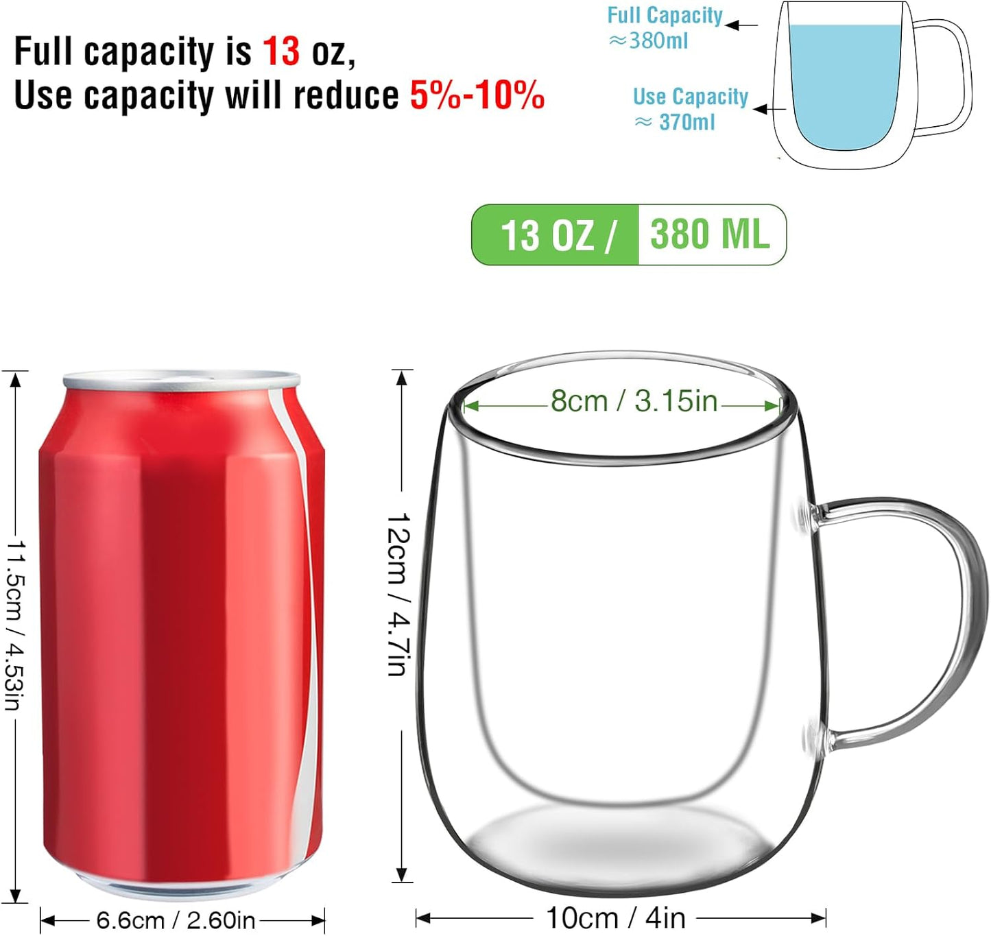 Glass Coffee Cups Set of 2, 13oz Double Walled Glass Mugs with Handles, Clear Insulated Coffee Mug Espresso Cups, Cappuccino Latte Tea Cups Set, Heat Resistant Borosilicate Clear Glasses