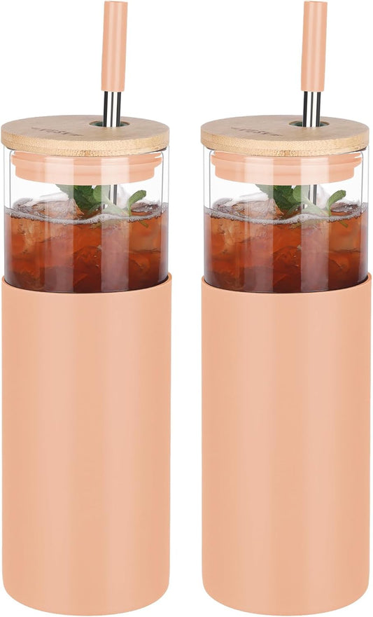 Glass Tumbler w/Lids & Straw - 24oz Reusable Glass Mug/Bamboo Lid & Stainless Steel Straw-BPA-Free,Leak-Proof,Dishwash Safe for Coffee/Smoothies/Hot Beverages, Travel/Office/Home Use,2-pk,Amber