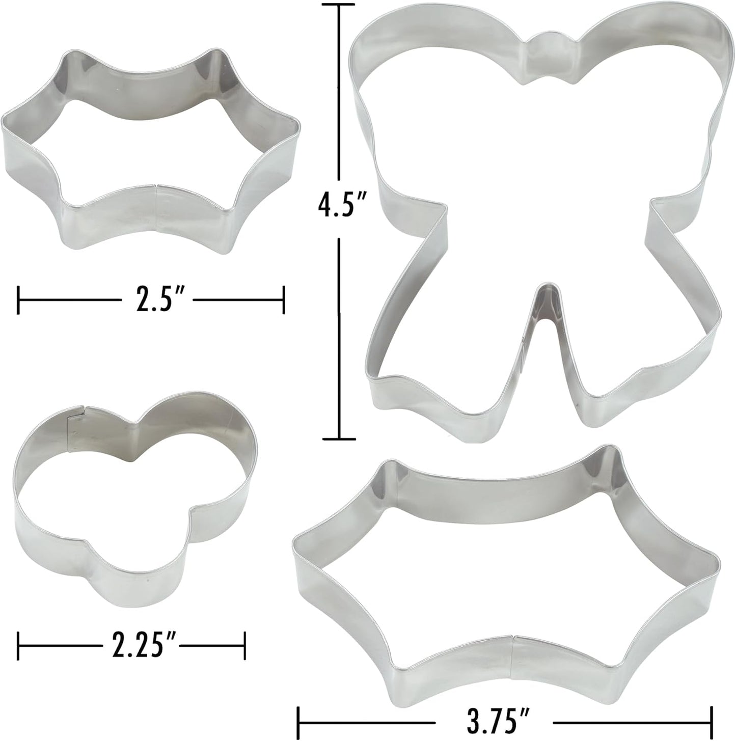 R&M International 2030 Christmas Holiday Wreath Centerpiece Cookie Cutters, Holly Leaves, Berries, Holiday Bow, 4-Piece Set