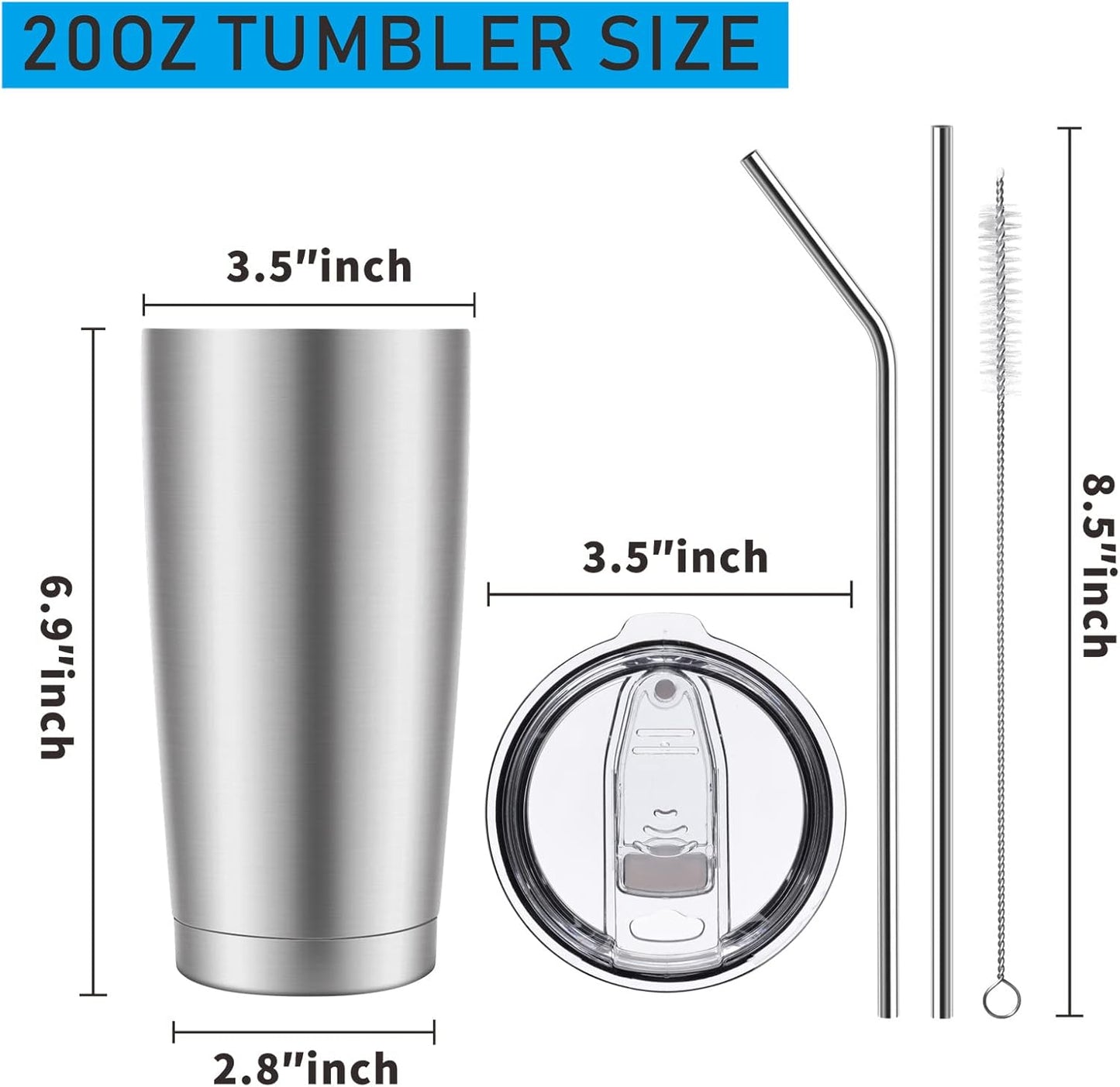 Pandance 20oz Stainless Steel Insulated Tumblers with Lid and Straw Bulk, Double Wall Vacuum Water Cups for Hot & Iced Coffee Drinks Travel Mug (Silver, 12 pack)