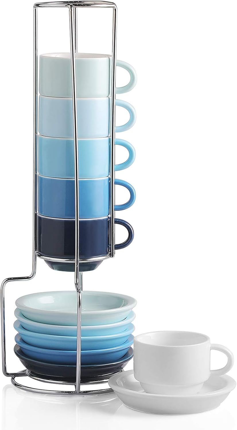 Sweejar Porcelain Espresso Cup & Saucer Set, Stackable Demitasse Cups with Metal Stand, 2.5 OZ for Latte,Coffee,Cafe Mocha,Tea, Set of 6(Blue)