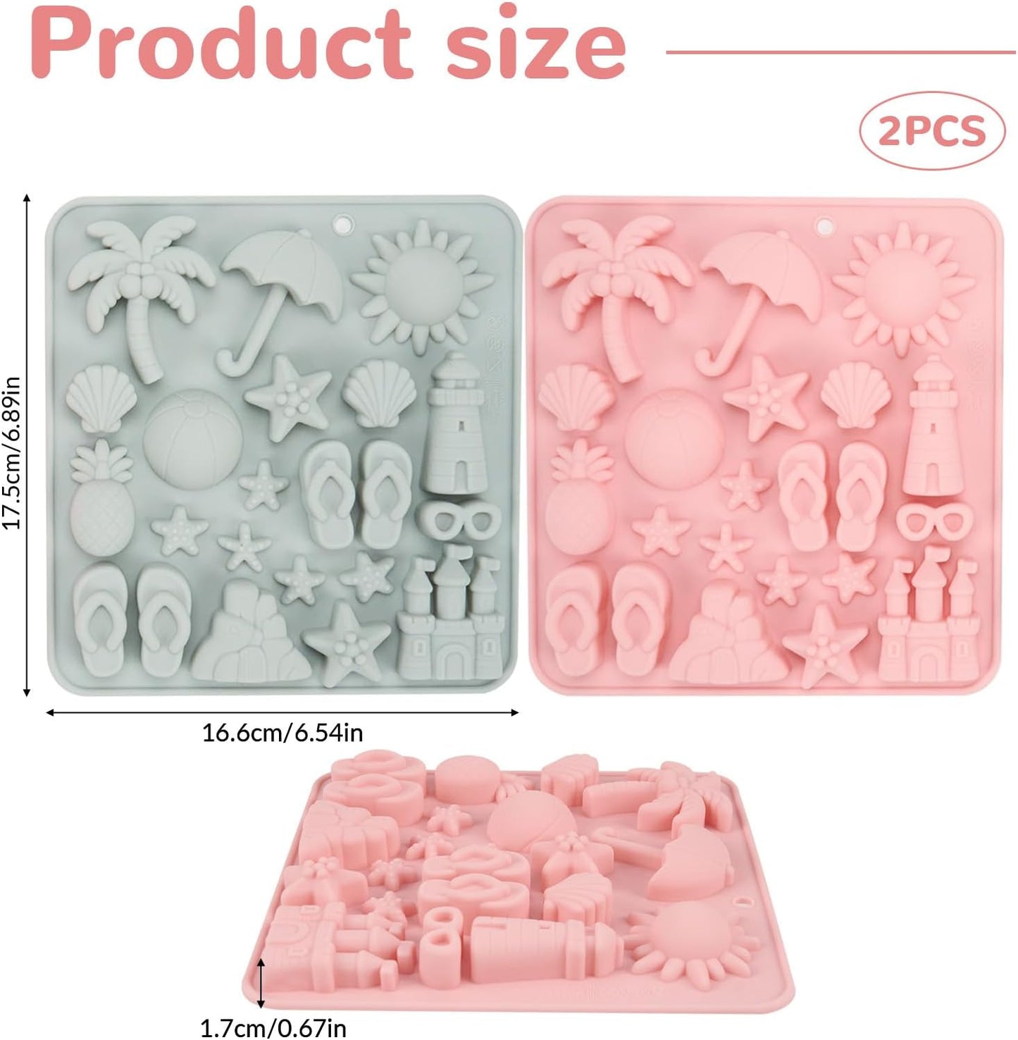 2 Pcs Summer Beach Chocolate and Fondant Silicone Molds, DIY Candy Sandcastles for Parties (Pink and Blue)
