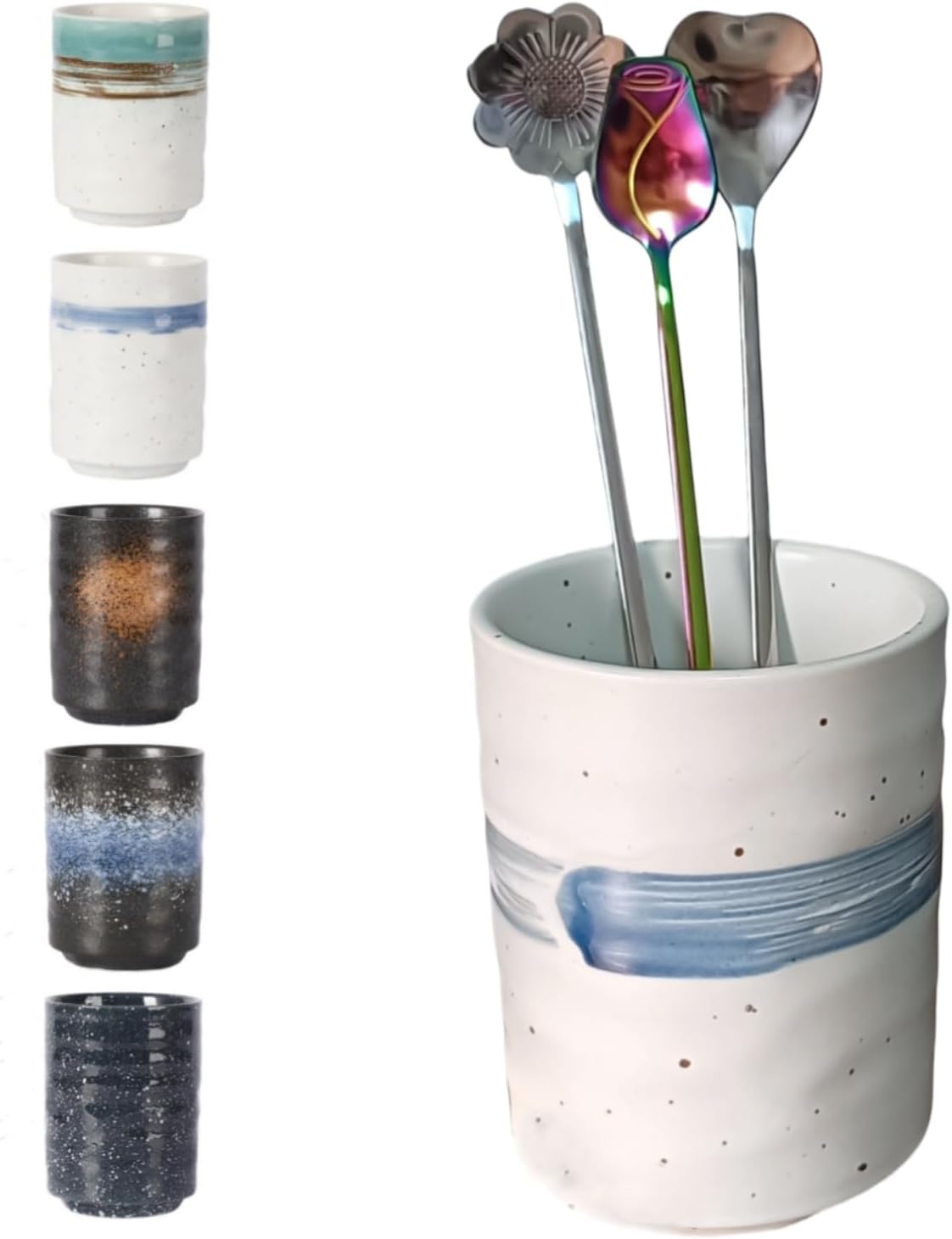 Stoneware Coffee Bar Utensil Holder Tea & Coffee Spoon & Stirrer Holder for Stir Stick Straw Teaspoon Holder Spoon Cup Small Utensil Jar (Blue feather)