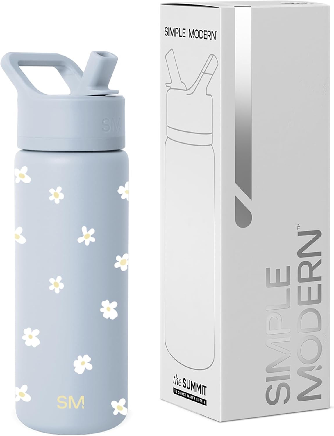 Simple Modern Kids Water Bottle with Straw Lid | Vacuum Insulated Stainless Steel Metal | Reusable Leak Proof BPA-Free Thermos for School | Summit Collection | 18oz, Sweet Daisy on Blue