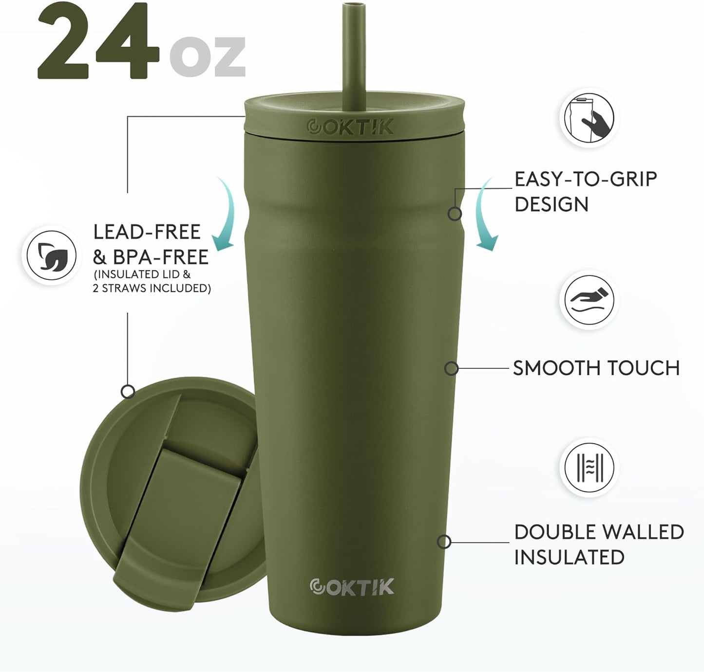 COKTIK 24oz Insulated Tumbler with Lid and Straw 2 Lids (Straw/Flip) Iced Coffee Cup Reusable Stainless Steel Travel Mug Water Bottle Cupholder Friendly for Women Men Her Him (Olive)