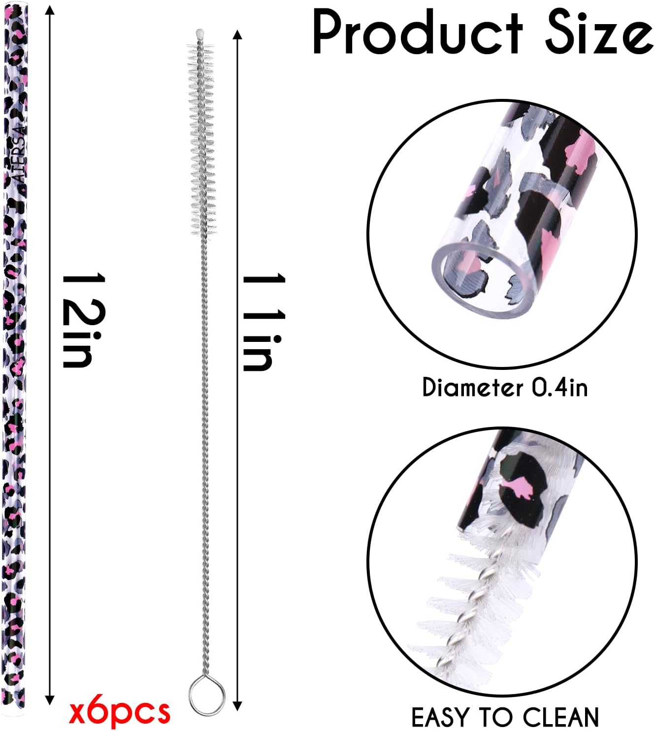 AIERSA 6 Pack Leopard Straw Replacement 40oz for Stanley,Plastic Reusable Straw for Stanley Adventure Quencher Travel Tumbler,Long Straws with Cleaning Brush for Stanley Cup Accessories